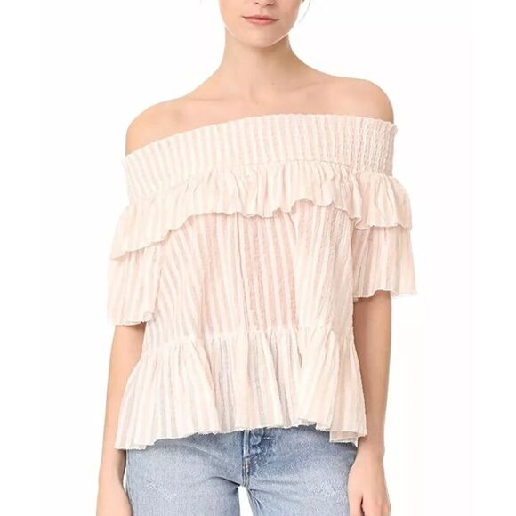 Ulla Johnson Top Size 4 Pink White Striped Smocked Off Shoulder - Picture 1 of 7